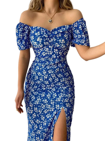 🍒Floral print party dress elegant women off shoulderless backless outfit summer slit boho midi smart casual ladies clothing Figure Out Your Floral Fashion