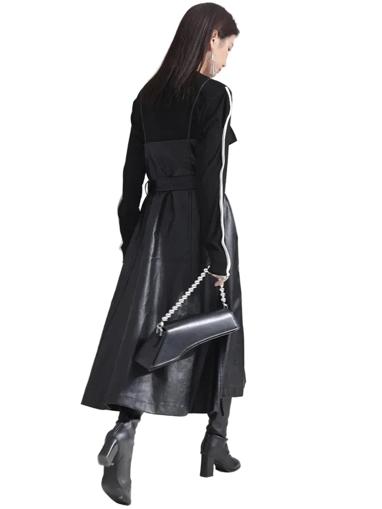 🍒Black faux leather dress spaghetti strap pu outfit with zip front sleeveless belted midi a-line dress party occasion wear sleeveless wear for women Like A Biker