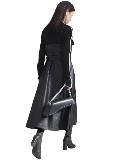 🍒Black faux leather dress spaghetti strap pu outfit with zip front sleeveless belted midi a-line dress party occasion wear sleeveless wear for women Like A Biker
