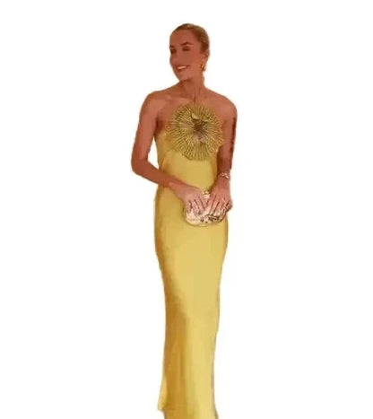🍒Party dress for women gold outfit for ladies with 3D flower Halter sleeveless backles maxi satin occasion wear evening wear for holiday italian made feminine dresses for summer chic fashion Fem Fleur Fashion