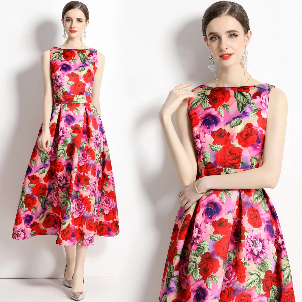 🍒Designer fashion dress floral print clothing vintage a line party wear outfit for women birthday dinner retro runway occasion wear  make ARRANGEMENTs for these FLOWERs