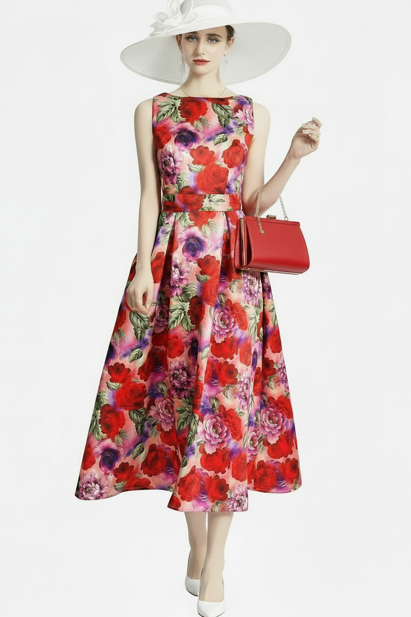 🍒Designer fashion dress floral print clothing vintage a line party wear outfit for women birthday dinner retro runway occasion wear  make ARRANGEMENTs for these FLOWERs