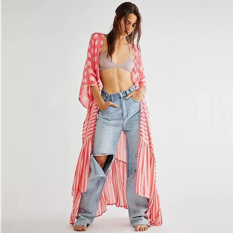 🍒Strandbedekkers vir swemklere vir vroue geruite kimono met strepe-kaap somerrok stranddrag-uitrustings Kyk Hierdie Strand