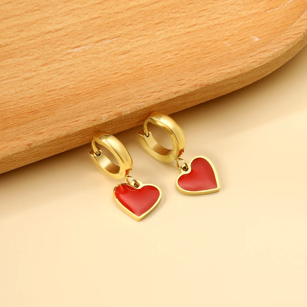 🍒 Stainless Steel Hoop Earrings enamel love heart Women Oil Drip jewelry Blue Black Red dangle drop earrings Always Love Drops
