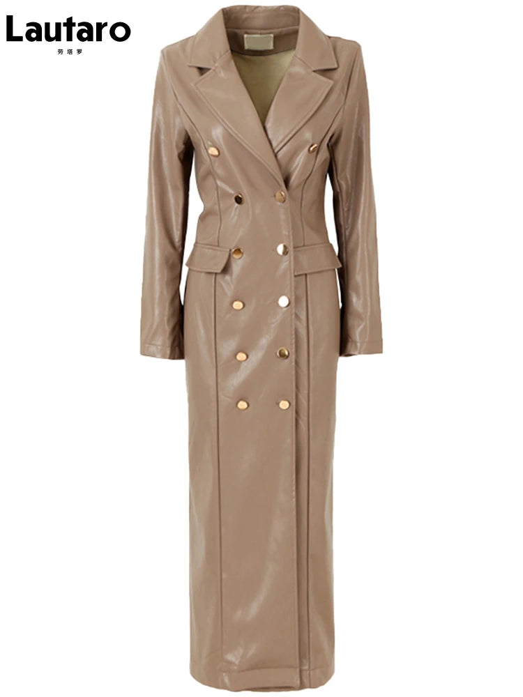 🍒Ekstra lang kunsleer trenchcoat vir dames dubbelbors luukse elegante lang slim gemaklike pu-oorjas Bly OP HOOGTE van DUBBEL neem-klere