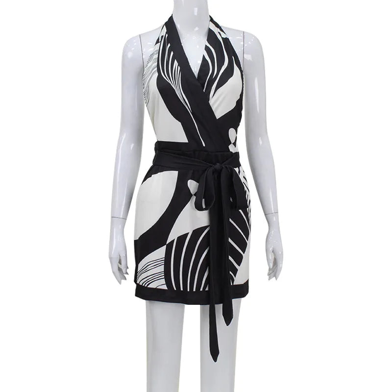 🍒Printed a-Line dress halter neck with tie bow waist backless v-neck outfit slim sleeveless a-line dress Melter Halter