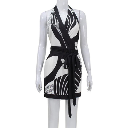🍒Printed a-Line dress halter neck with tie bow waist backless v-neck outfit slim sleeveless a-line dress Melter Halter