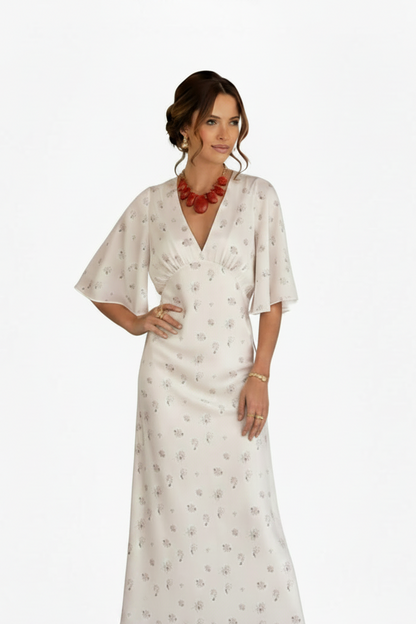 🍒Wit blomme satyn maxi rok vir vroue gemaklik of geleentheid trougas strandvakansie uitrusting blomme gedrukte V-nek rok vroue mode skraal pasmiddellyf kort vlindermou lang somerdrag met kort moue hoë middellyf oulike gemaklike geleentheid