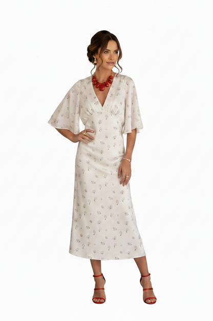 🍒Wit blomme satyn maxi rok vir vroue gemaklik of geleentheid trougas strandvakansie uitrusting blomme gedrukte V-nek rok vroue mode skraal pasmiddellyf kort vlindermou lang somerdrag met kort moue hoë middellyf oulike gemaklike geleentheid