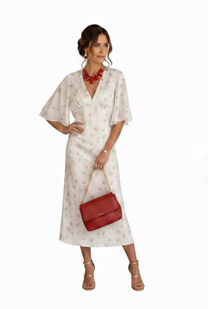 🍒Wit blomme satyn maxi rok vir vroue gemaklik of geleentheid trougas strandvakansie uitrusting blomme gedrukte V-nek rok vroue mode skraal pasmiddellyf kort vlindermou lang somerdrag met kort moue hoë middellyf oulike gemaklike geleentheid