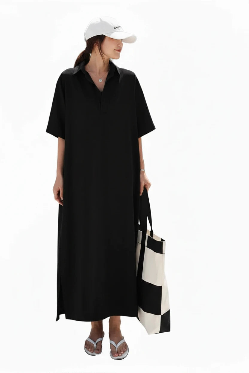 🍒Plus size women's midi (depending on height) short sleeve outfit holiday dress loose long straight outfit with collar casual summer wear straight cut maxi dress Big Basics Up