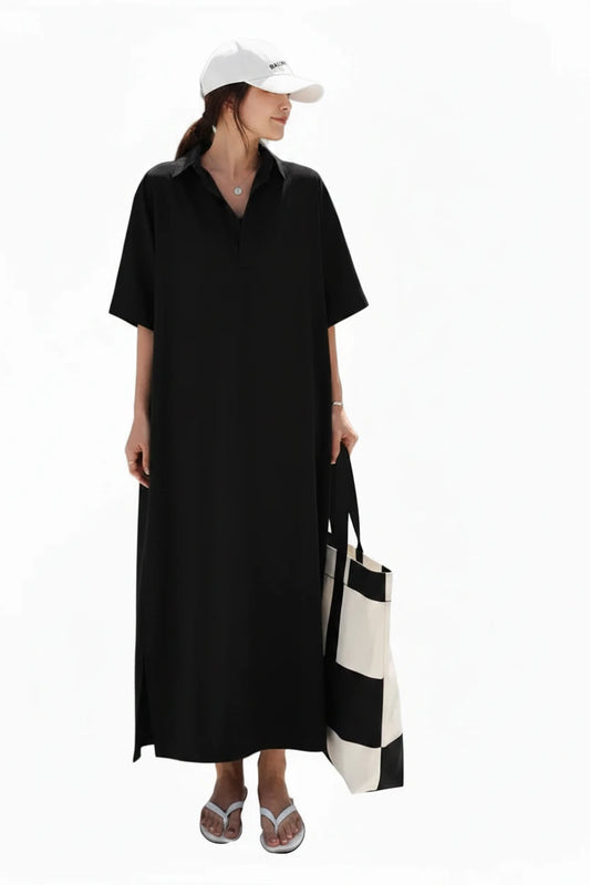 🍒Plus size women's midi (depending on height) short sleeve outfit holiday dress loose long straight outfit with collar casual summer wear straight cut maxi dress Big Basics Up