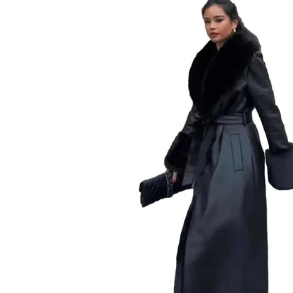 🍒Black faux leather womens coat trench fur coat collar & cuffs fashion belted waist coat long jacket chic streetwear Go On A Poodle Walk