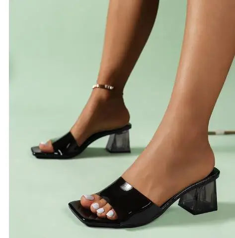 🍒Transparent mules crystal clear shoes mid heels summer footwear for women fashion party slippers occasion footwear Cool Mules