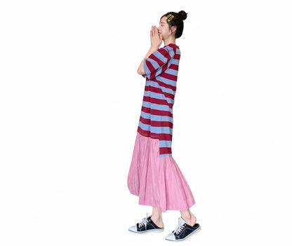 🍒Summer women midi dresses plus size false two-piece cotton stripe mixed media outfit casual wear holiday fashion wear stripee Plain And Simple