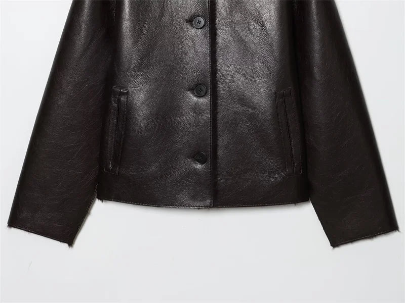 🍒Faux leather Jackets brown women long-sleeve reversible outerwear smart casual women stylish and unique Lavish In Leather or Flip To Fur