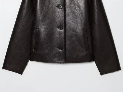 🍒Faux leather Jackets brown women long-sleeve reversible outerwear smart casual women stylish and unique Lavish In Leather or Flip To Fur