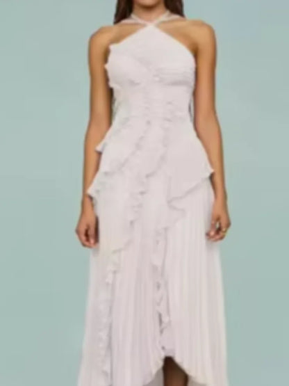 🍒Ruffles aandrok elegante nekband geplooide A-lyn midi-rok effekleur someruitrustings ruglose vakansiedrag Y2k mode partytjie geleentheidsdrag Kry hierdie Ruffle Jy sal Verheug wees