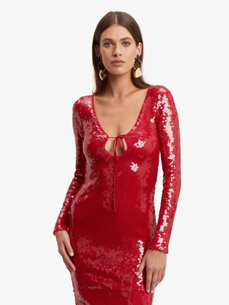 🍒Women's red sequins dress cut out front tie string backless fashion long sleeve evening outfits midaxi shiny party cocktail gowns Catch A Taxi In Ya' Maxi