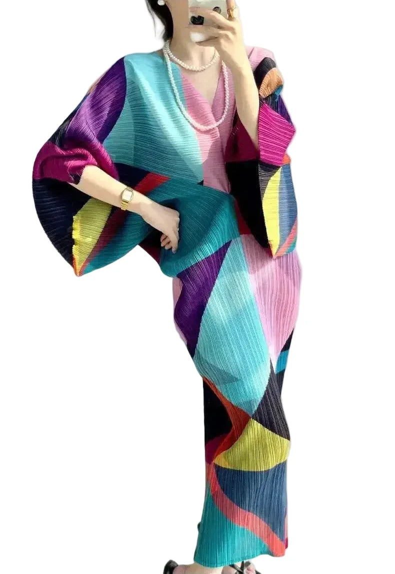 🍒Pleated batwing sleeves dress for women's high end fashion and relaxed printed v-neck holiday wear party occasion plisse clothing multi colour outfit Bag A Batwing