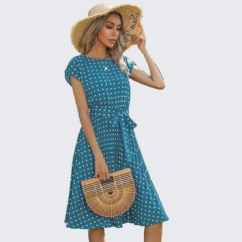 🍒Summer dresses for women high waist midi outfit with pleats elegant pleated polka dots short sleeve fashion office clothing vacation wear  Don’t Delay Dotties