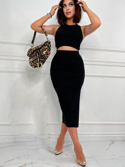 🍒Summer two-piece women's solid colour sleeveless vest top and slim skirt fashionable and elegant slim sleeveless crop top and slit skirt outfit set