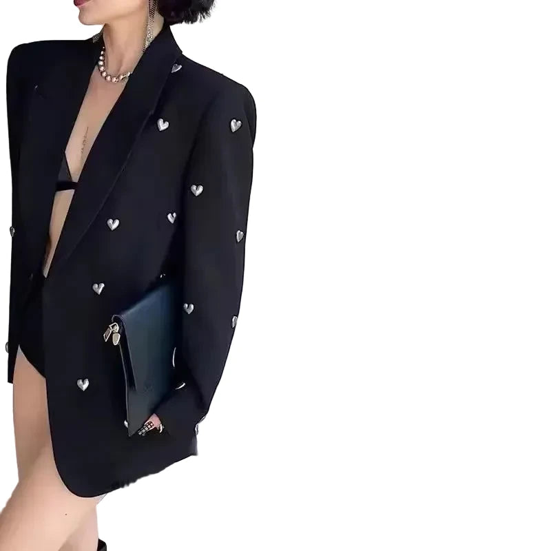 🍒Fashion lapel jacket metal hearts detail lapels blazer for women smart casual ladies office wear suit coat cool party wear occasion jacket Be A Boss GIrl And Wear Your Heart On Your Sleeve