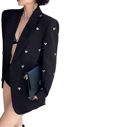 🍒Fashion lapel jacket metal hearts detail lapels blazer for women smart casual ladies office wear suit coat cool party wear occasion jacket Be A Boss GIrl And Wear Your Heart On Your Sleeve