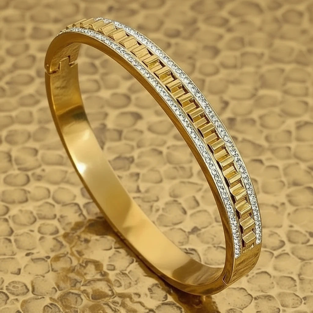 🍒Irregular geometric wave stainless steel bracelet with rhinestones exquisite gold colour cuff bangle smart casual Jewellery accessories Gifts Glitz Up Your Hand With A Band