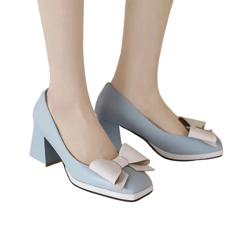 🍒Bow-tie heels women elegant shoes medium block heel pumps office wedding party shoes for occasions