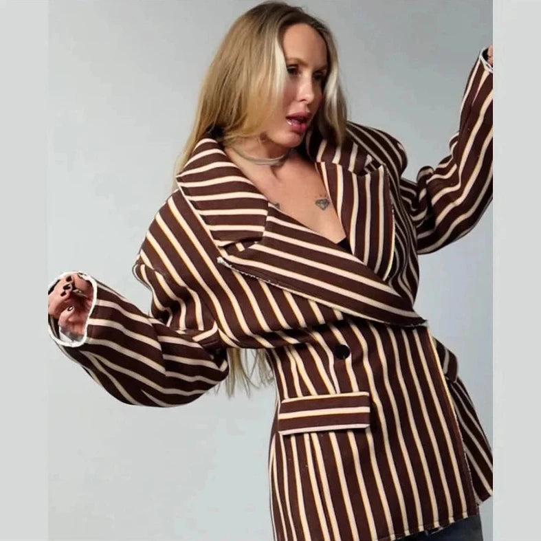 🍒Gestreepte baadjie, volmou-baadjie vir dames met gekerfde lapelkraag, dubbelbors lentejas, mode drag, kantoorklere   Look Sjokolade In Oranje