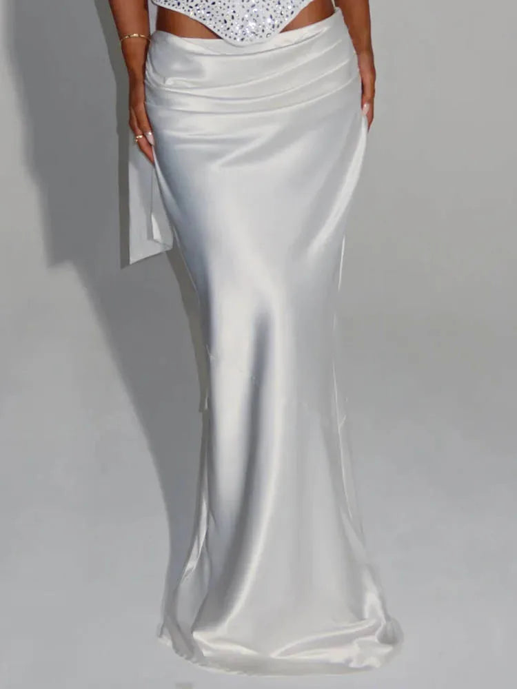 🍒Sequins top and skirt set womens shiny scarf collar with sparkly bodice top with lace up back and satin maxi skirt with fish tail elegant occasion wear club party skirt matching set