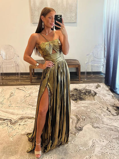 🍒Metallic pleated hollow slit women slip gown backless waist Slim elegant evening dress party wear vintage Liquid Lustre Look