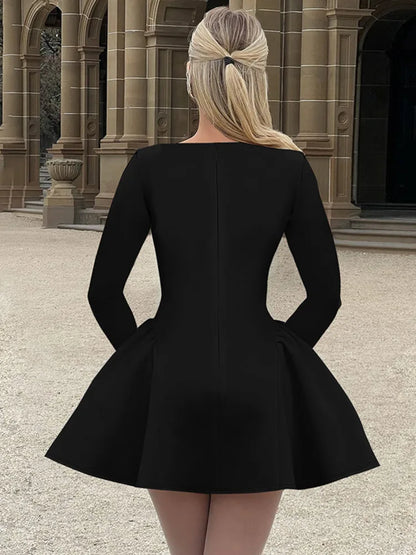 🍒Elegant long sleeve mini dress fit and fare solid o-neck high waist outfits a-line bodycon party club clothing Show Your flair In A fitted