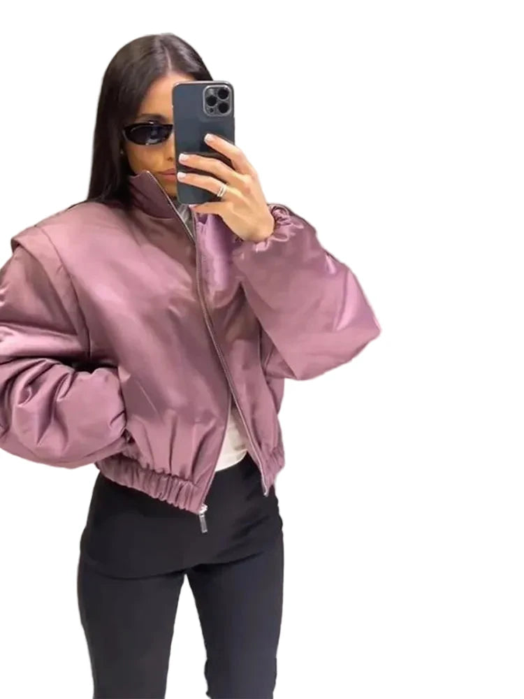 🍒Langmou-bomberbaadjie vir vroue, met ritssluiting en opstaande kraag, buiteklere kort gemaklike baadjie soliede sjiek vroulike satynklere mode Mauve Is In