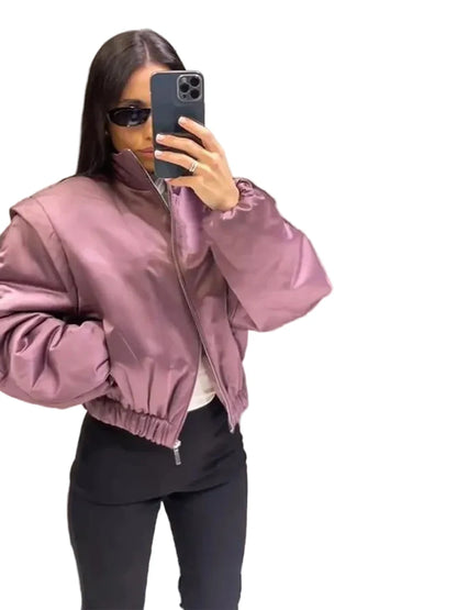 🍒Langmou-bomberbaadjie vir vroue, met ritssluiting en opstaande kraag, buiteklere kort gemaklike baadjie soliede sjiek vroulike satynklere mode Mauve Is In
