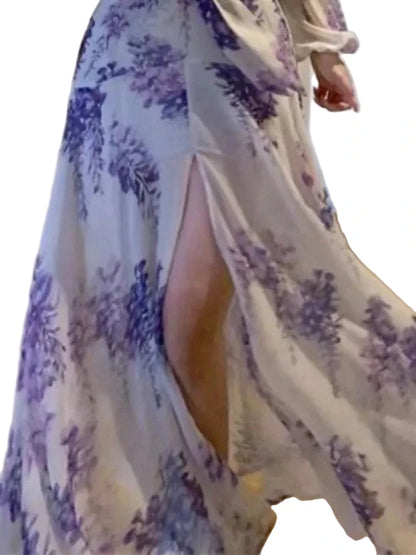 🍒Floral print sweet dresses Y2k aesthetic v-neck bodycon with puff sleeves a-line dress with front slit purple