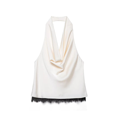 🍒Satin halter top white and long matching maxi skirt set women's lace trim outfit with high waisted skirt and camisole top for summer fashion wear This Satin Is Laced With 'Ace'