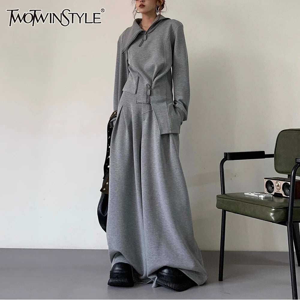 🍒 Solid two piece set smart casual clothing for women cool chic high neck jacket long sleeve zipper top and high waist wide leg pants set female fashion wears Fun Fashion flares