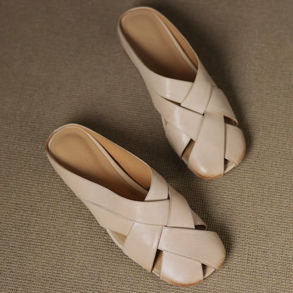 🍒Real leather summer sandals slip on flats for women band braided slides summer footwear round toe soft high quality mules