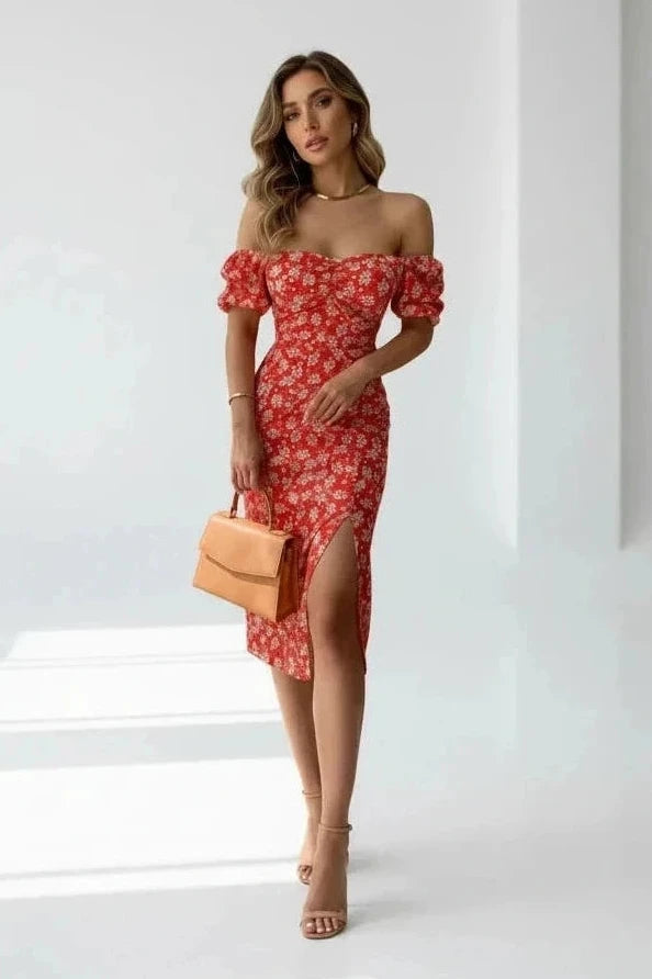 🍒Floral print party dress elegant women off shoulderless backless outfit summer slit boho midi smart casual ladies clothing Figure Out Your Floral Fashion