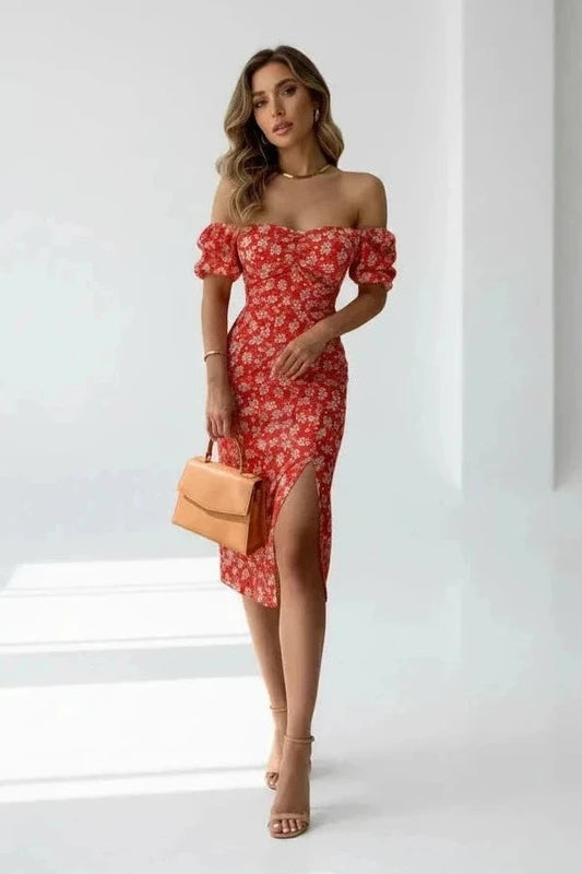 🍒Floral print party dress elegant women off shoulderless backless outfit summer slit boho midi smart casual ladies clothing Figure Out Your Floral Fashion