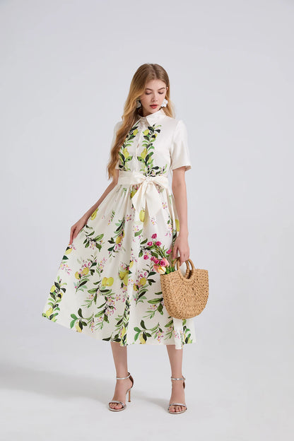 🍒Mode midi-rokhemp somer vroue boheemse kortmou blomme uitrusting suurlemoen-afdruk sonrok met gordel elegante lang rok slim gemaklike klere
