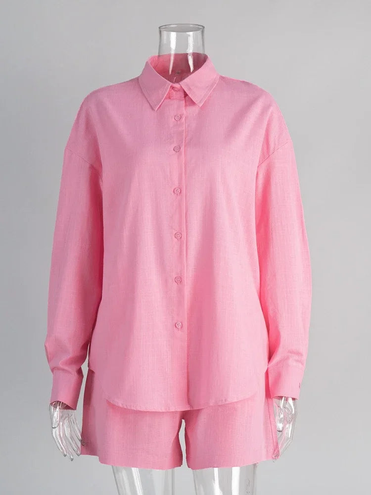 🍒Cotton summer shorts set  100 percent cotton clothes two-piece beach outfit with long sleeve shirt plus oversize shorts womens  casual outfits Sweet Shorty Shirty