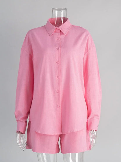 🍒Cotton summer shorts set  100 percent cotton clothes two-piece beach outfit with long sleeve shirt plus oversize shorts womens  casual outfits Sweet Shorty Shirty