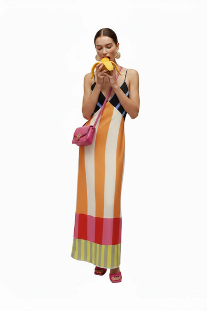 🍒 Kleurvolle Hoë middel maxi gestreepte rok mode slim gemaklike elegante party geleentheiddrag lang uitrusting vroue spaghetti-band boheemse somermode Hierdie vier strepe sal koppe laat draai