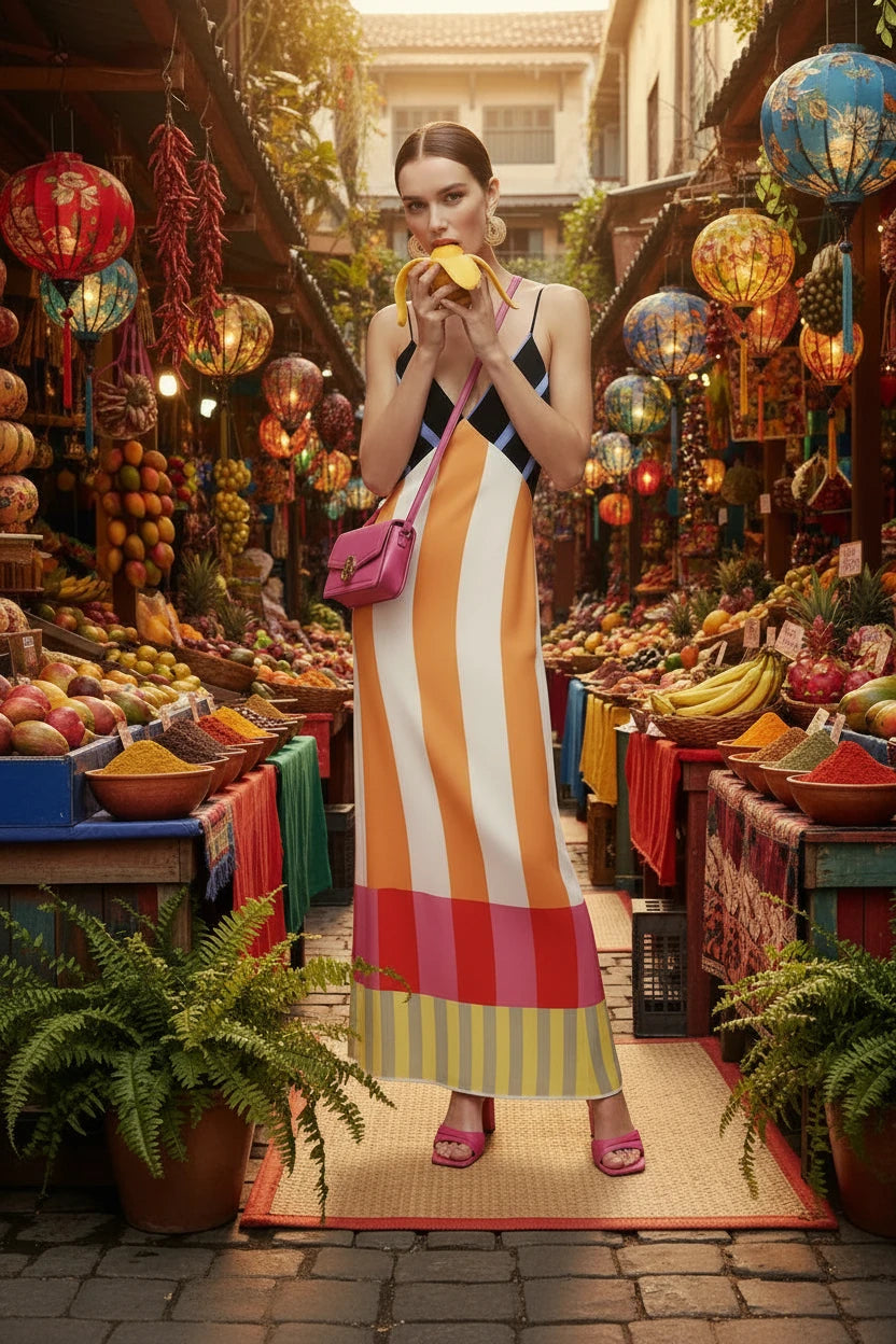 🍒 Kleurvolle Hoë middel maxi gestreepte rok mode slim gemaklike elegante party geleentheiddrag lang uitrusting vroue spaghetti-band boheemse somermode Hierdie vier strepe sal koppe laat draai