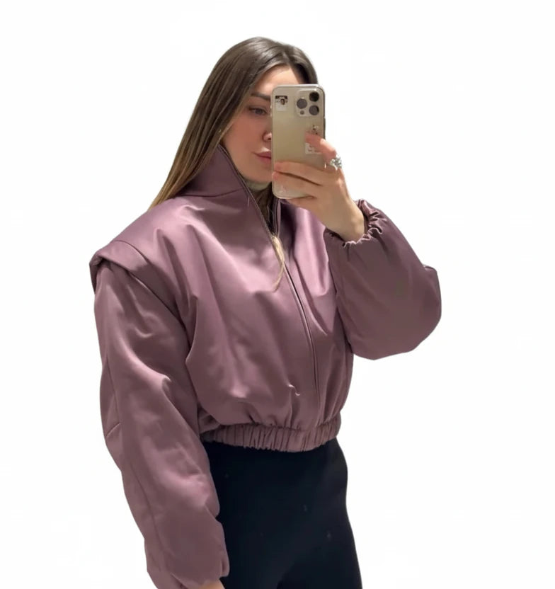 🍒Langmou-bomberbaadjie vir vroue, met ritssluiting en opstaande kraag, buiteklere kort gemaklike baadjie soliede sjiek vroulike satynklere mode Mauve Is In