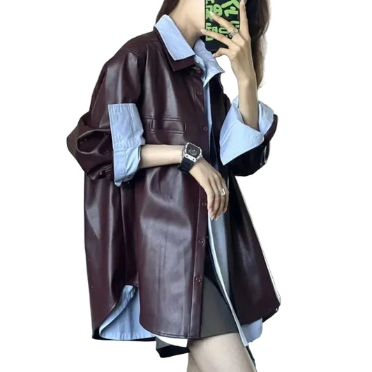 🍒Hempartjie-styl baadjies kunsleer vroue oorgroot buiteklere effe enkelbors lente/herfs stylvol vintage omvou-kraag windbreker gemaklike jasse sjiek vroulike klere Luvly Lazy-Like Leather Look