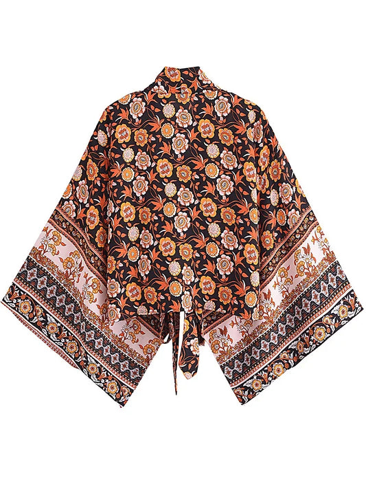 🍒Boho kimono vintage womens fashion short beach swimsuit robe floral clothing batwing sleeve top rayon bohemian bikini cover Ups Beachwear summer clothes Cool Cover